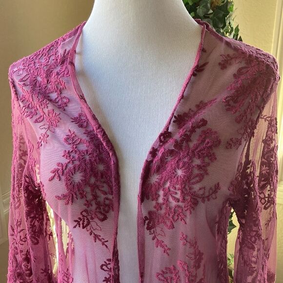 Plum Color Listicle Embroidered Lace Open Cardigan Size S - Picture 1 of 11